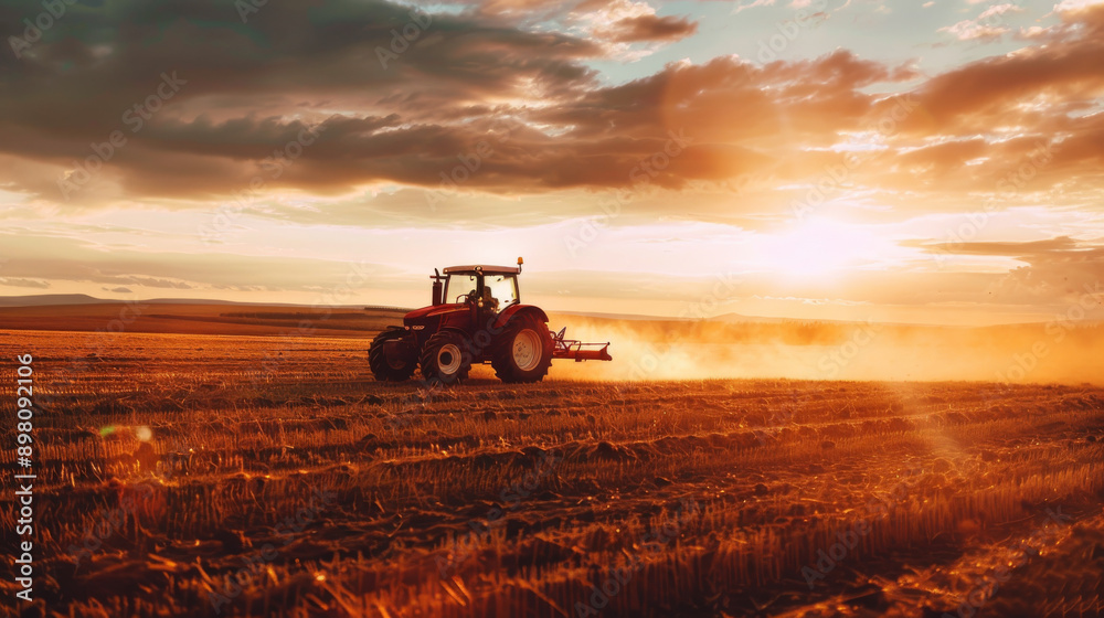 Fototapeta premium A farmer drives a tractor across a field as the sun sets.