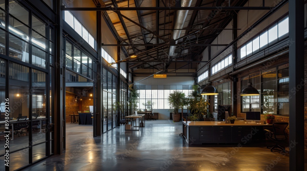 Obraz premium converted warehouse office with a high, open ceiling, industrial lighting, and large, metal-framed windows