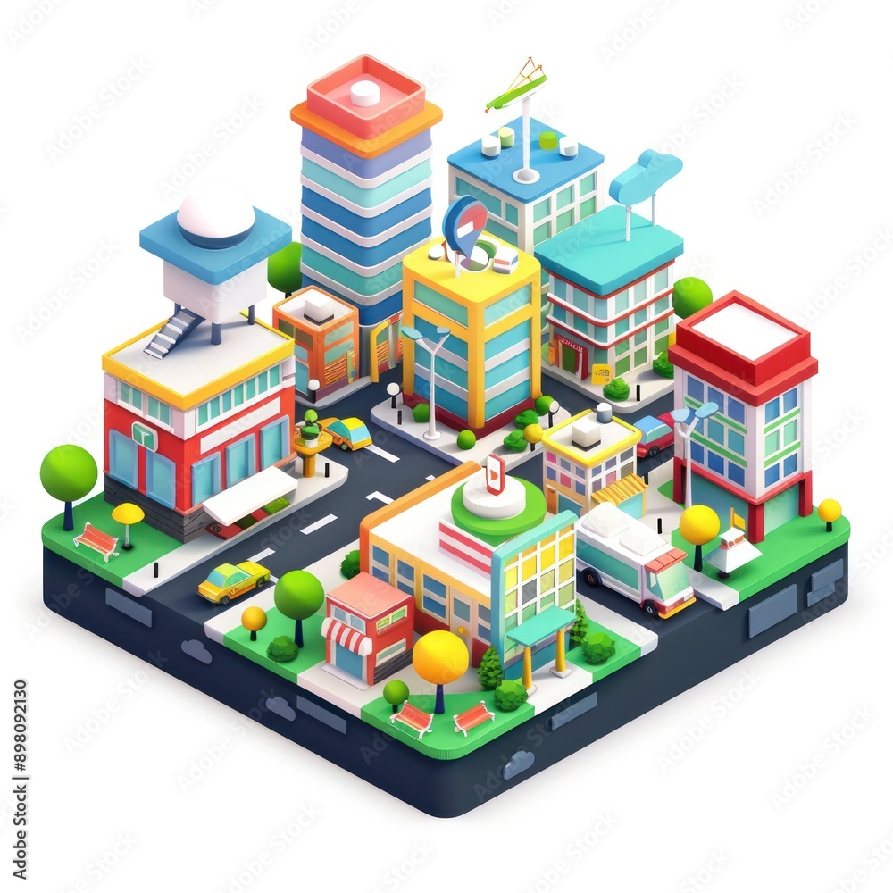 Modern Cityscape in Isometric View with Colorful Buildings and Cars on Clean White Background - Vector Illustration, Generative Ai Modern Cityscape in Isometric View with Colorful Buildings and Cars on Clean White Background - Vector Illustration, Generative Ai