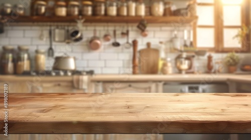 Showcase Your Culinary Creations: Empty Wooden Tabletop in Abstract Kitchen