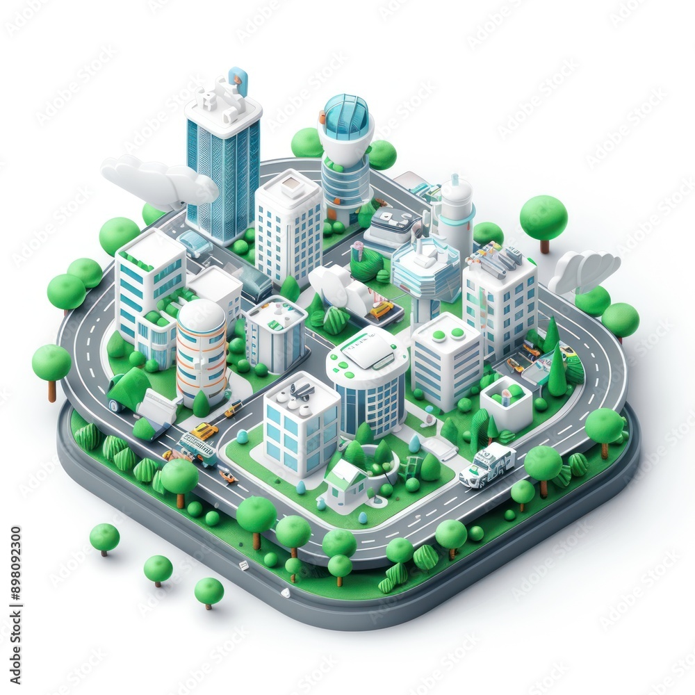Futuristic Isometric Cityscape with High-Tech Cars on Roads in Vector Design on Clean White Background, Generative Ai