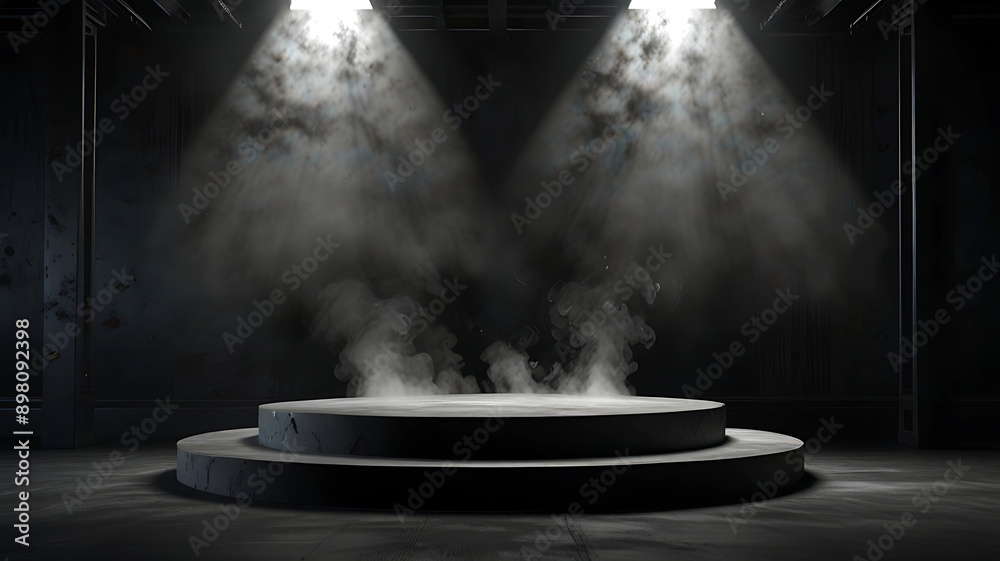Mystic Podium Feature: The round podium is the main focus on a low-lit stage, illuminated by a powerful beam, creating sharp contrasts with the darkness and mist softly covering the base Mystic Podium Feature: The round podium is the main focus on a low-lit stage, illuminated by a powerful beam, creating sharp contrasts with the darkness and mist softly covering the base
