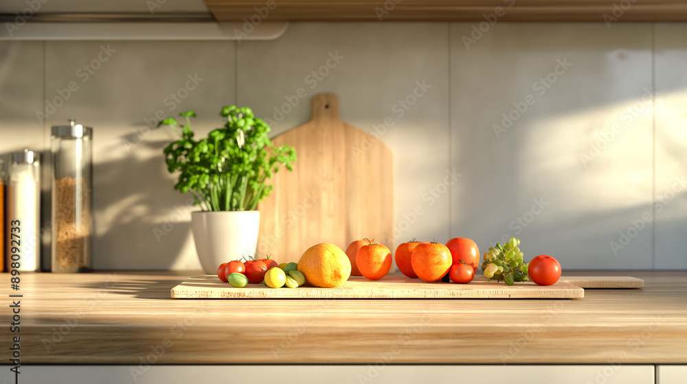 Wooden kitchen countertop with fresh vegetables background, copy space and product placement for advertisement and backgrounds home kitchen background mock up and cutting board