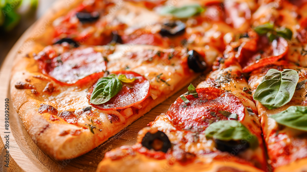 Delicious cooked Italian pizza that looks very appetizing. Italian food background. a dish in a restaurant. Italian food background pizza with basil and ham Delicious cooked Italian pizza that looks very appetizing. Italian food background. a dish in a restaurant. Italian food background pizza with basil and ham