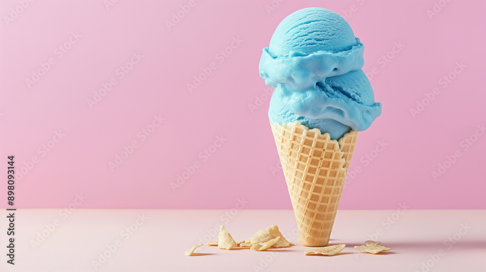 Blue moon ice cream in a waffle cone on pink background Blue moon ice cream in a waffle cone on pink background