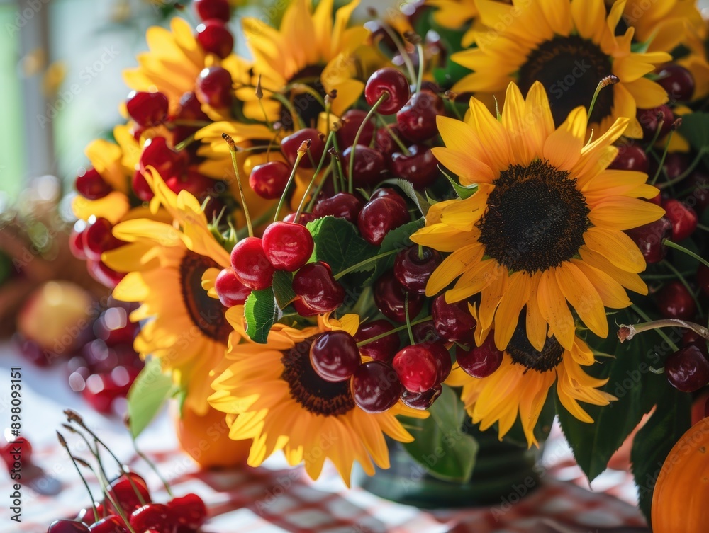 Naklejka premium A vibrant autumnal floral arrangement featuring sunflowers, cherries, and berries.