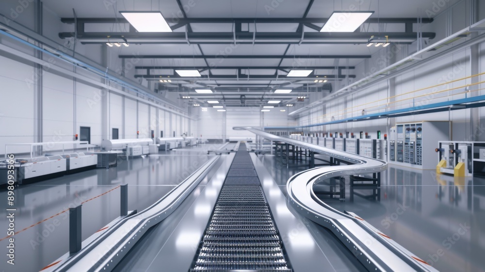 A 3D blender minimalist depiction of a state-of-the-art product factory, showcasing a network of conveyor belts, robotic arms, and control panels. The scene emphasizes the clean, uncluttered layout