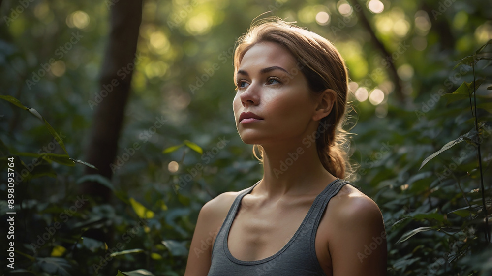 A serene woman, deep in concentration, engages in mindful breathing exercises amidst the tranquil backdrop of nature A serene woman, deep in concentration, engages in mindful breathing exercises amidst the tranquil backdrop of nature