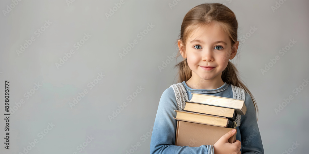 A young girl is holding a stack of books and smiling. Concept of curiosity and eagerness to learn, as the girl is surrounded by various books. The gray background adds a calm A young girl is holding a stack of books and smiling. Concept of curiosity and eagerness to learn, as the girl is surrounded by various books. The gray background adds a calm