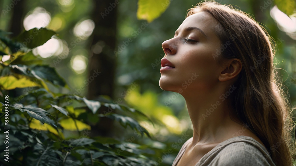 A serene woman, deep in concentration, engages in mindful breathing exercises amidst the tranquil backdrop of nature A serene woman, deep in concentration, engages in mindful breathing exercises amidst the tranquil backdrop of nature