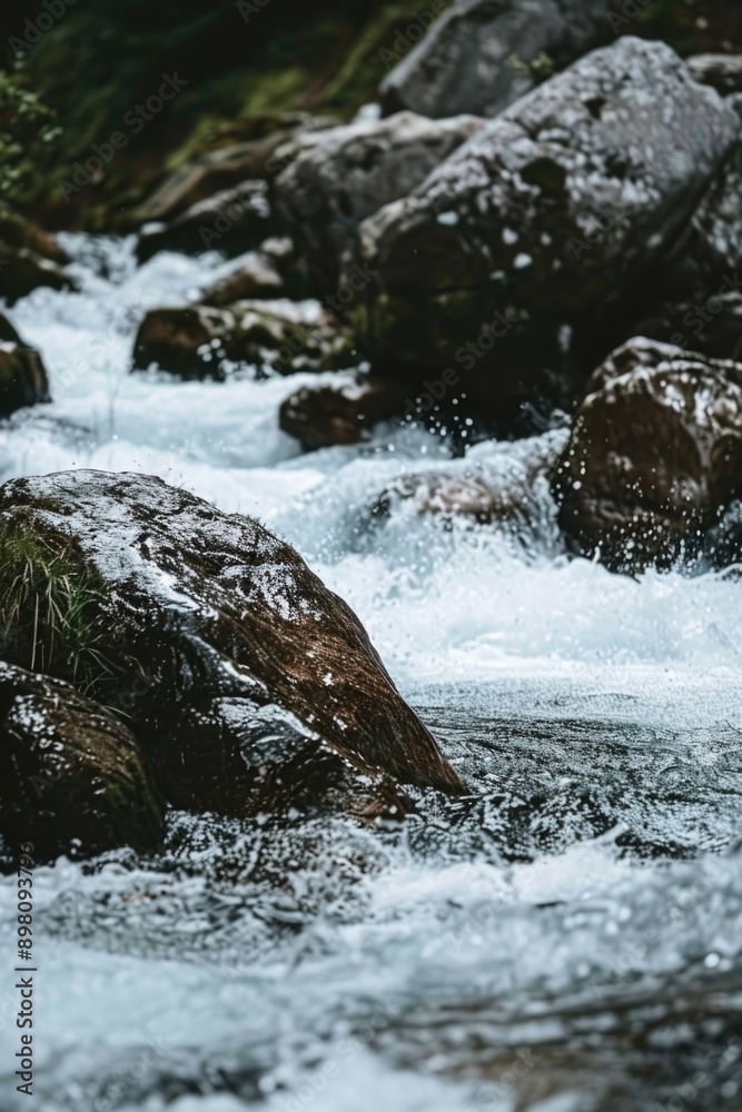 A fast-flowing waterfall cascading into a rocky stream in a forested mountain landscape, ideal for hikers and nature lovers.