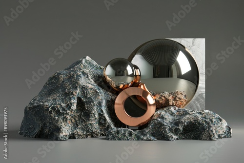 imple abstract 3D composition of objects, 3-4 objects, different materials, premium segment, stone, copper, highly detailed image, plain dark background photo