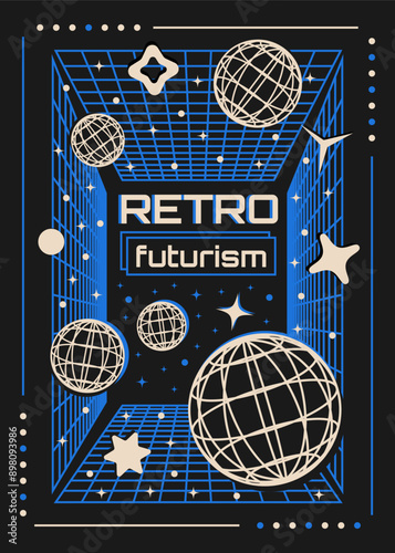 Retro-futuristic poster with abstract y2k shapes and wireframe spheres. Vector template for banner, post, cover