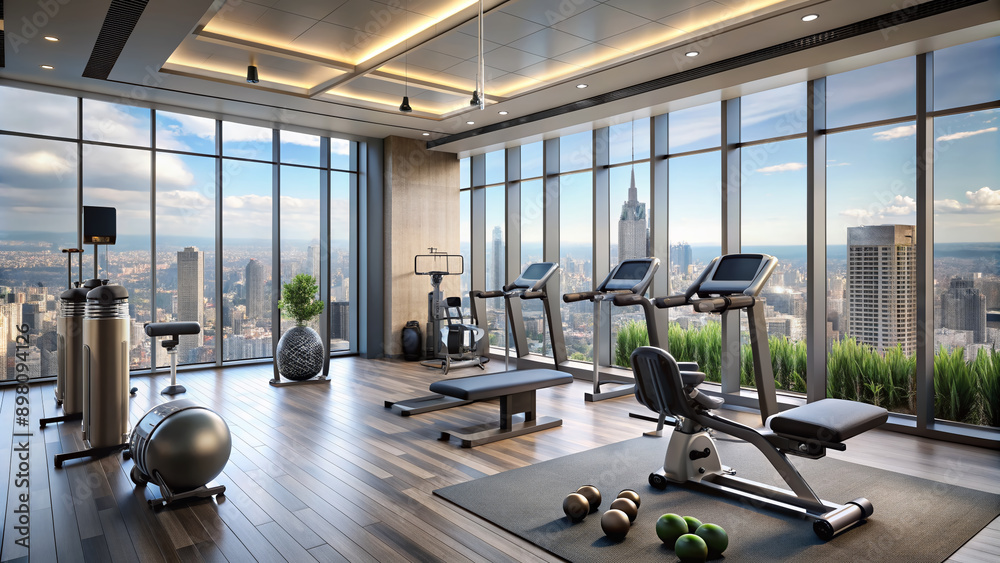 Fototapeta premium Fit athletic accessories and equipment scattered around a sleek modern exercise room with a city view, conveying a sense of male fitness and wellness.