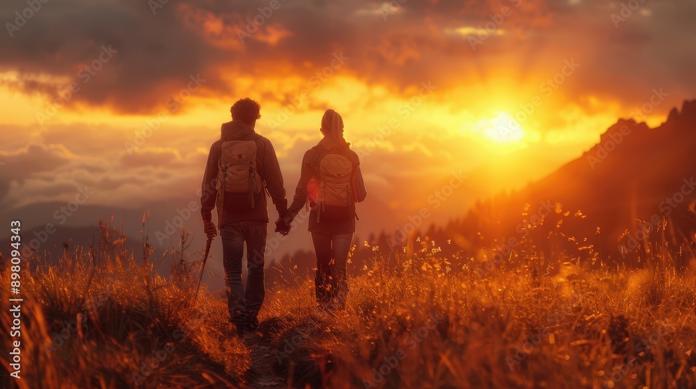 Romantic Couple Hiking at Sunset in Scenic Mountain Landscape with Golden Sunlight Romantic Couple Hiking at Sunset in Scenic Mountain Landscape with Golden Sunlight
