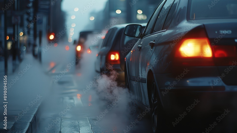 Urban Traffic Jam in the Evening with Car Exhaust Fumes and City Lights Urban Traffic Jam in the Evening with Car Exhaust Fumes and City Lights