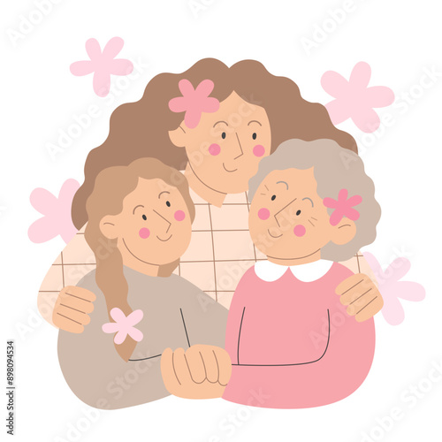 Mother, daughter and grandmother with pink flowers on white background. Vector illustration for Mother's Day or International Women's Day. Greeting card with different age women