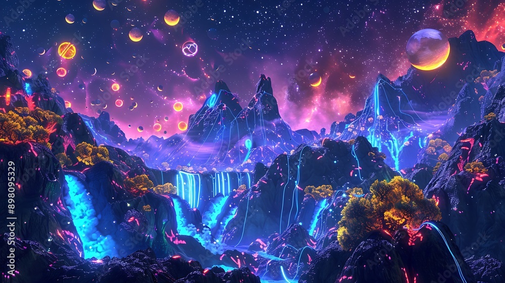 A planet with neon-lit mountains, holographic waterfalls, and bioluminescent forests under a star-filled, electric sky with multiple glowing moons.