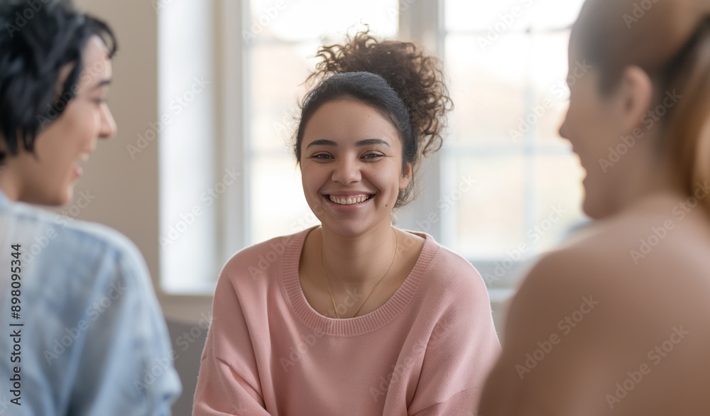 Happy young woman laughing and smiling with friends in a group therapy meeting setting in a support circle or possibly students in a study group workshop
Happy young woman laughing and smiling with friends in a group therapy meeting setting in a support circle or possibly students in a study group workshop
