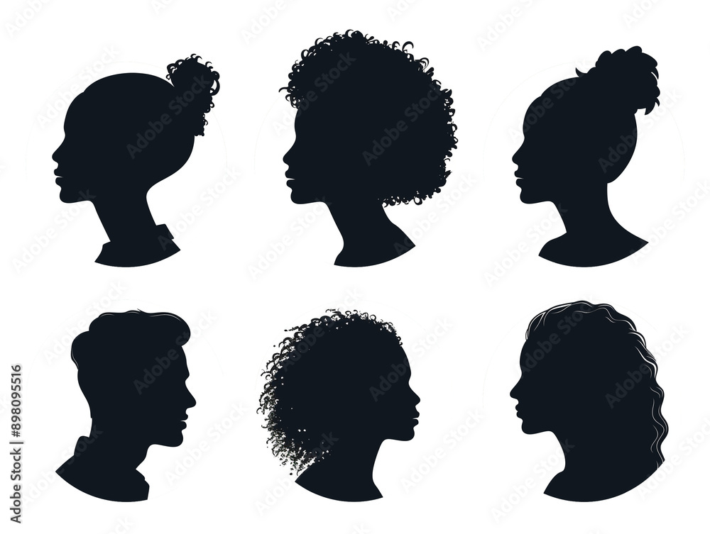 Six simple gray and white avatar images of men, women, boys and girls without facial features. Six simple gray and white avatar images of men, women, boys and girls without facial features.
