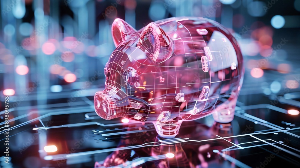 A digital piggy bank representing modern finance, surrounded by circuit patterns and glowing lights, symbolizing savings and investment. A digital piggy bank representing modern finance, surrounded by circuit patterns and glowing lights, symbolizing savings and investment.