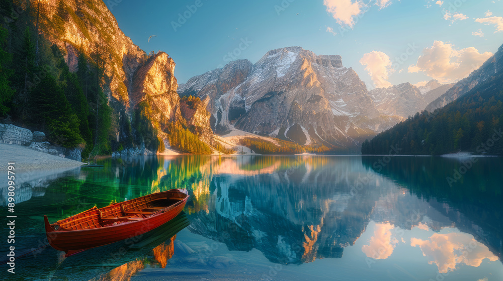 Beautiful view of the mountain over a calm lake in the Dolomiti Alps. National Park Fanes-Sennes-Braies, Italy. Nature's beauty. Beautiful view of the mountain over a calm lake in the Dolomiti Alps. National Park Fanes-Sennes-Braies, Italy. Nature's beauty.