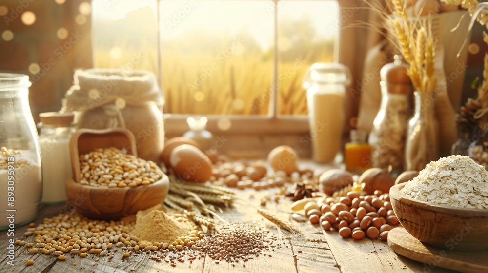 Assorted grains, nuts, and ingredients on a wooden table by a sunny window. Still life photography. Rustic kitchen and food preparation concept for design and print. Assorted grains, nuts, and ingredients on a wooden table by a sunny window. Still life photography. Rustic kitchen and food preparation concept for design and print.
