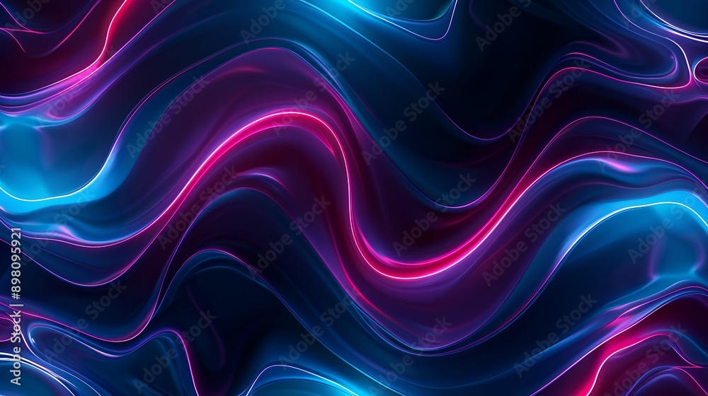 Neon lines creating wavy pattern on a dark blue abstract background