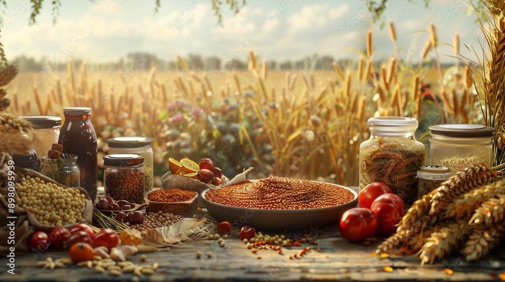 Assorted grains, seeds, and vegetables displayed on a wooden table in a field. Rustic still life photography of farm produce with a wheat field background. Assorted grains, seeds, and vegetables displayed on a wooden table in a field. Rustic still life photography of farm produce with a wheat field background.