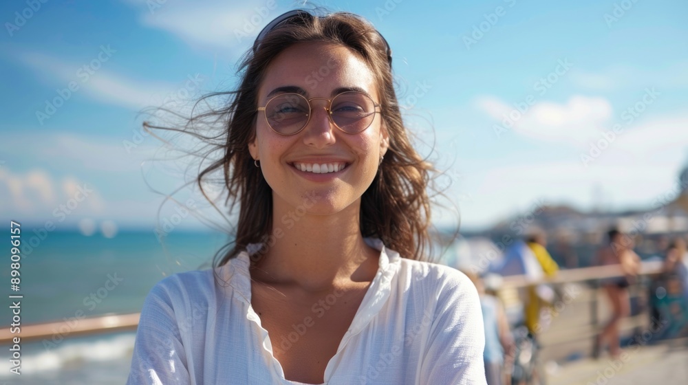A woman at the beach, smiling and enjoying her vacation. A woman at the beach, smiling and enjoying her vacation.
