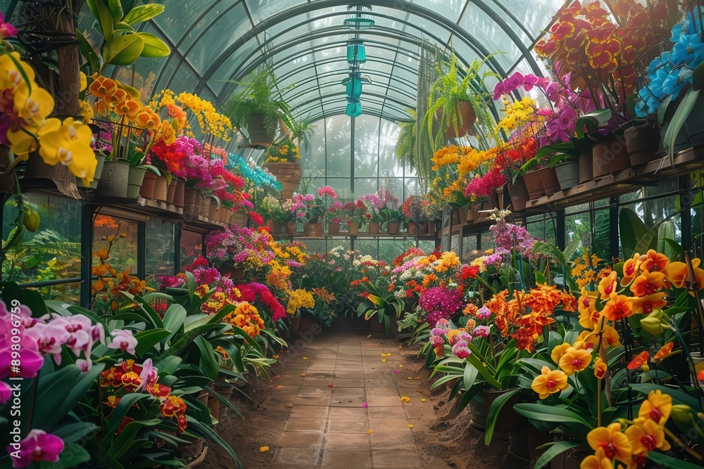 Dense orchid greenhouse, tropical setting, midday, bird's-eye view, vibrant colors, detailed blooms, wide-angle shot, high-definition Dense orchid greenhouse, tropical setting, midday, bird's-eye view, vibrant colors, detailed blooms, wide-angle shot, high-definition