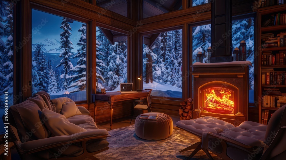 cozy winter cabin with a warm fireplace, plush seating, and a sturdy desk with views of snow-laden trees cozy winter cabin with a warm fireplace, plush seating, and a sturdy desk with views of snow-laden trees