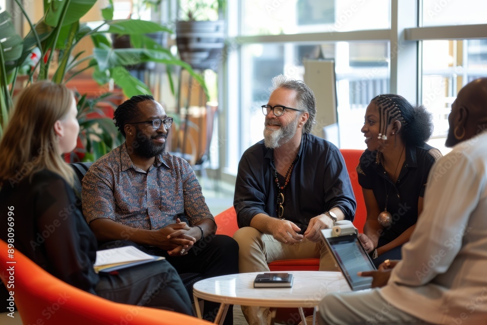 A diverse group of employees collaborating in a modern office setting, representing different genders, races, and abilities A diverse group of employees collaborating in a modern office setting, representing different genders, races, and abilities