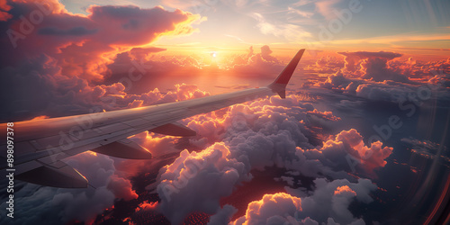 View from the window of a passenger plane. You can see the wing of the plane and many clouds