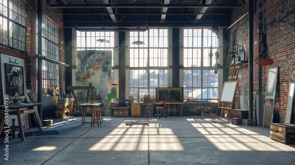 creative studio space in a converted factory, with brick walls, large windows, and an open floor plan for various artistic activities creative studio space in a converted factory, with brick walls, large windows, and an open floor plan for various artistic activities