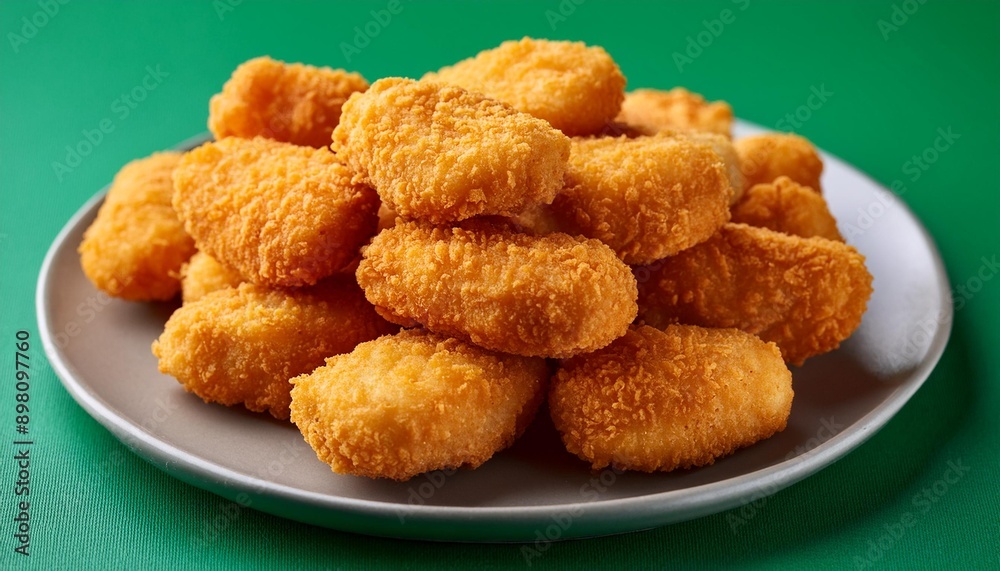 Spicy fried crispy chicken nuggets on green background Spicy fried crispy chicken nuggets on green background