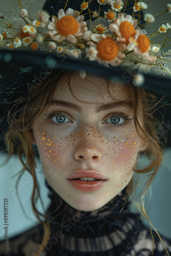 Artistic portraits of a young woman framed within surreal and intricate designs, blending natural elements and detailed textures, capturing serene and contemplative expressions photo