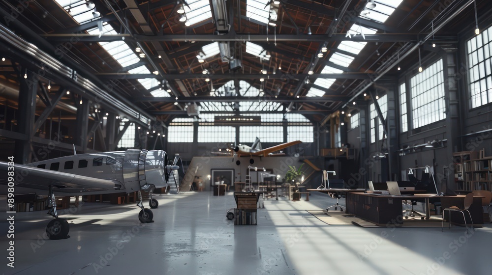 creative workspace in a refurbished airplane hangar, featuring high ceilings, industrial accents, and plenty of natural light creative workspace in a refurbished airplane hangar, featuring high ceilings, industrial accents, and plenty of natural light
