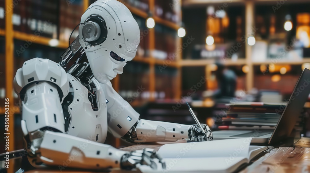 A white robot with articulated arms sits at a desk, holding a pen and writing in a notebook. A laptop is on the desk to the right. Generative AI A white robot with articulated arms sits at a desk, holding a pen and writing in a notebook. A laptop is on the desk to the right. Generative AI