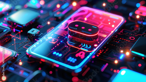 Neon Futuristic Circuit Board Close-up with Smartphone  photo