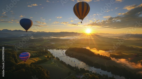 Colorful hot air balloons drift over scenic mountains and verdant meadows during a beautiful sunset