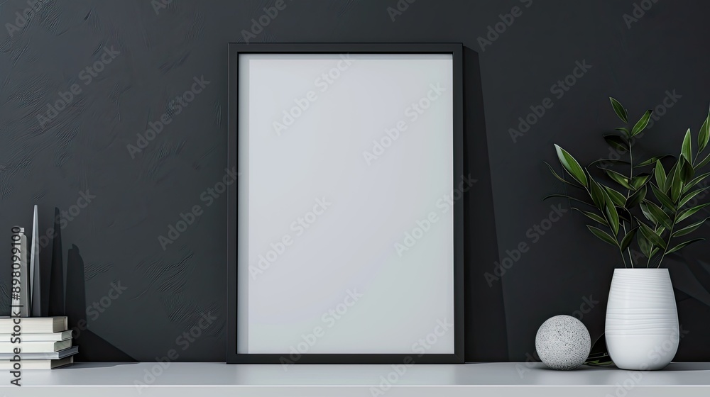 Living room interior design with black empty photo frame on white table with book beside it and flower pot decoration and black background Living room interior design with black empty photo frame on white table with book beside it and flower pot decoration and black background