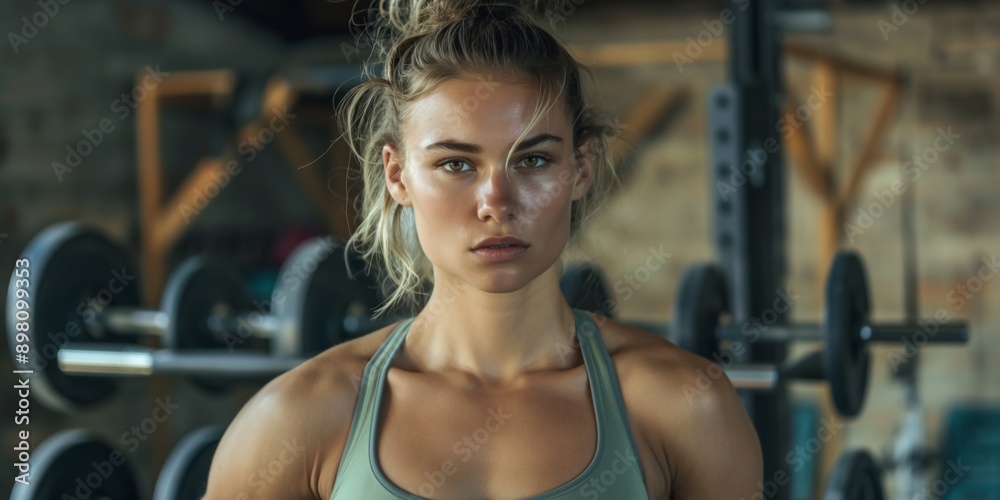 Obraz premium A woman is posing in a gym with a green tank top on. She has a serious expression on her face