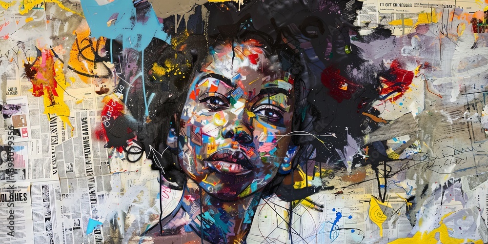 Fototapeta premium Dreamy African Woman Surrounded by Graffiti and Newspapers