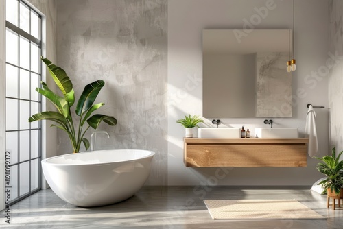 Modern minimalist bathroom interior, modern bathroom cabinet, white sink, wooden vanity, interior plants, bathroom accessories, bathtub and shower, concrete floor - generative ai