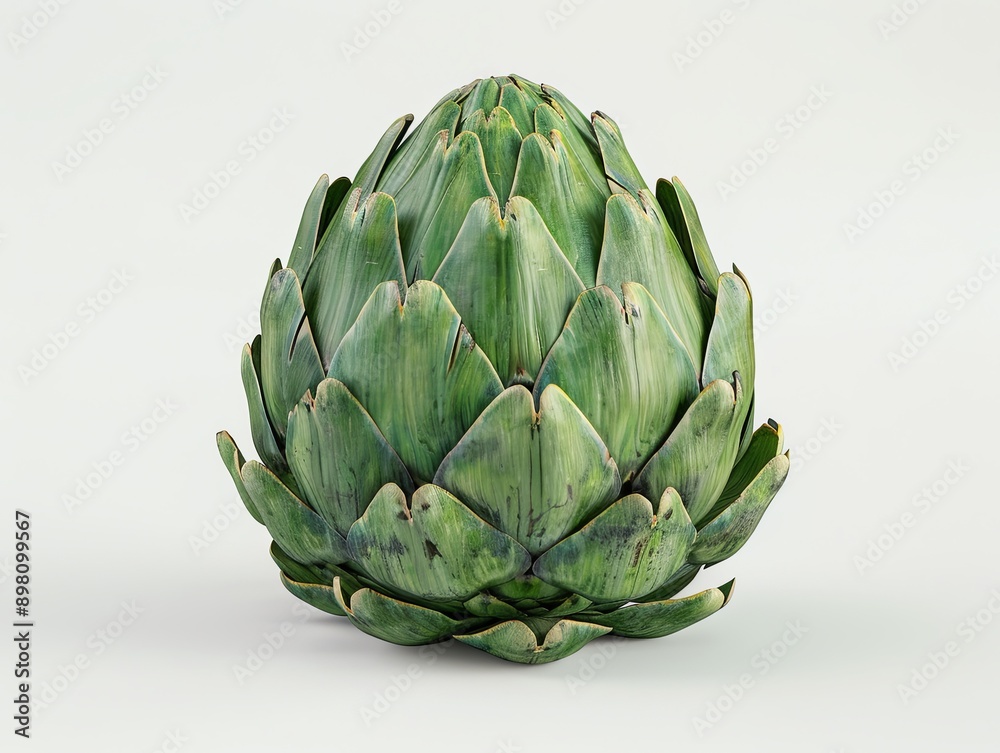 Fototapeta premium Deep Green Artichoke at Golden Mean, Rendered with Crisp Clarity, Contrasts Beautifully with White Background, Compelling Composition Emphasizes Freshness and Quality, Ideal for Food Photography