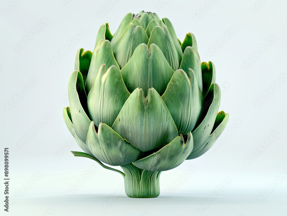 Fototapeta premium Deep Green Artichoke at Golden Mean, Rendered with Crisp Clarity, Contrasts Beautifully with White Background, Compelling Composition Emphasizes Freshness and Quality, Ideal for Food Photography