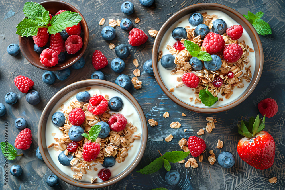 Nourishing Balanced Breakfast of Granola, Fresh Fruits, and Creamy Yogurt on Rustic Wooden Table Nourishing Balanced Breakfast of Granola, Fresh Fruits, and Creamy Yogurt on Rustic Wooden Table