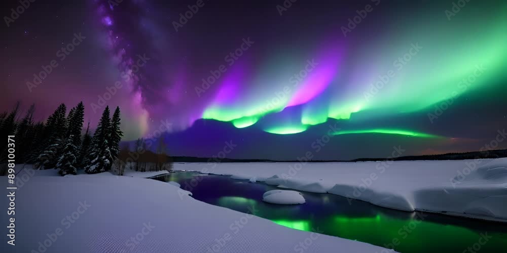 A beautiful aurora borealis is visible in the sky above a river. The sky is filled with green and purple lights, creating a serene and peaceful atmosphere. The river is surrounded by snow A beautiful aurora borealis is visible in the sky above a river. The sky is filled with green and purple lights, creating a serene and peaceful atmosphere. The river is surrounded by snow