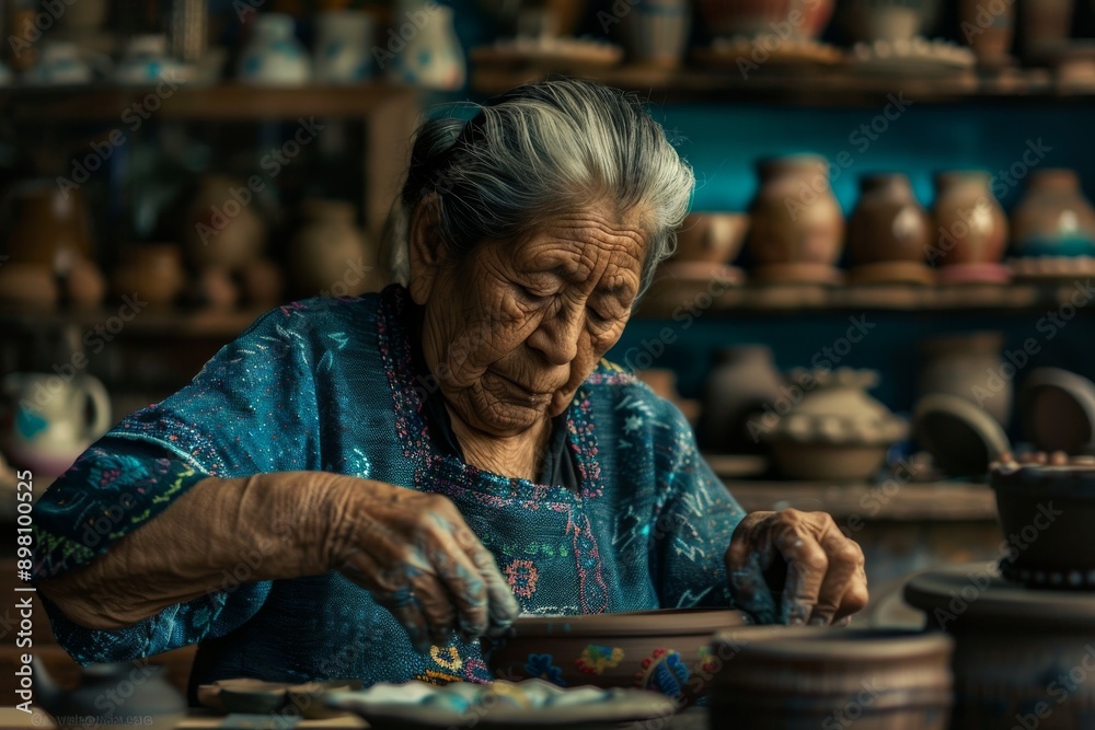 Old woman making pottery in her pottery workshop. Selective focus. Old woman making pottery in her pottery workshop. Selective focus.